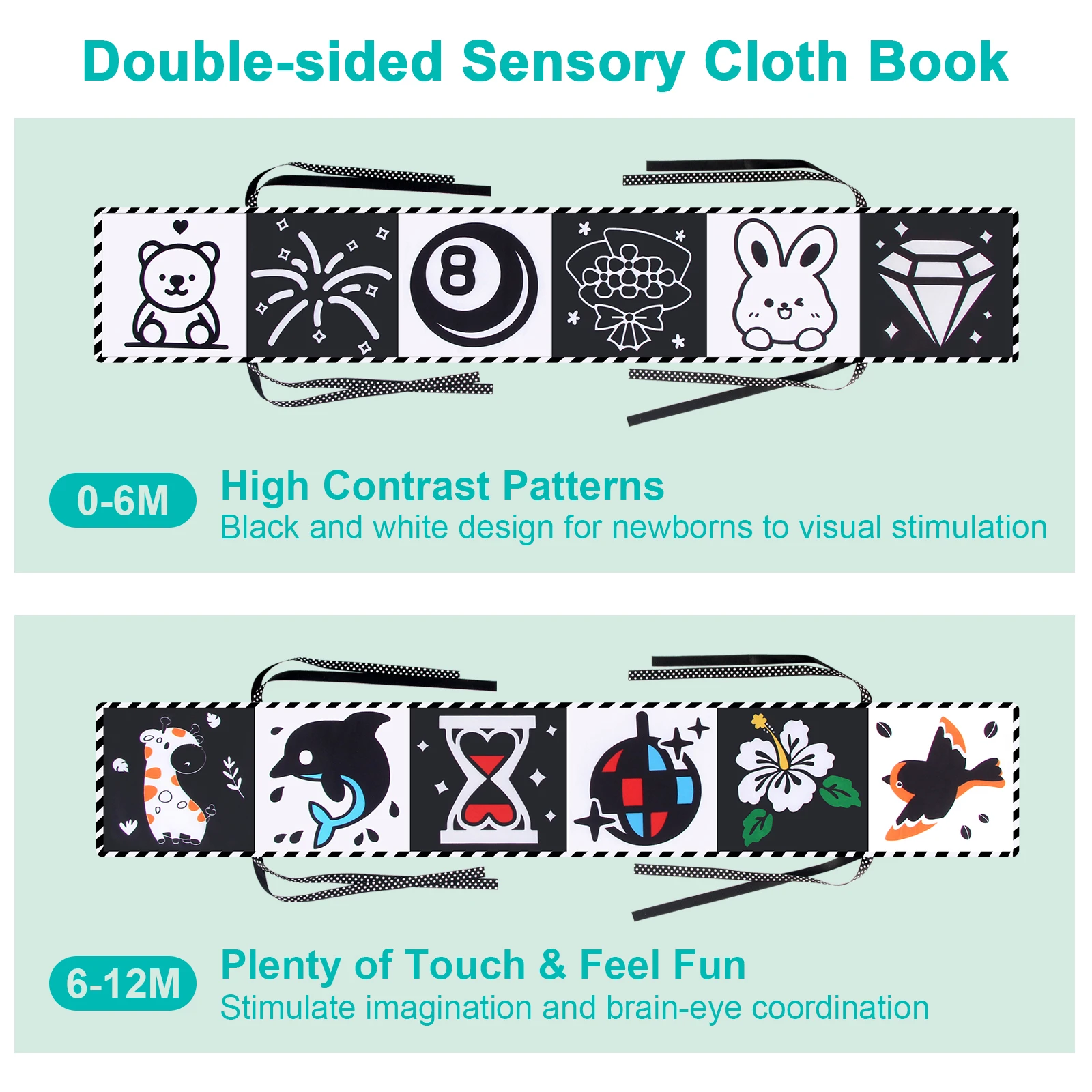 Baby Cloth Book High Contrast Baby Toys 0M+ Newborn Crib Toys Black and White Animal Sensory Cloth Books Montessori Toys