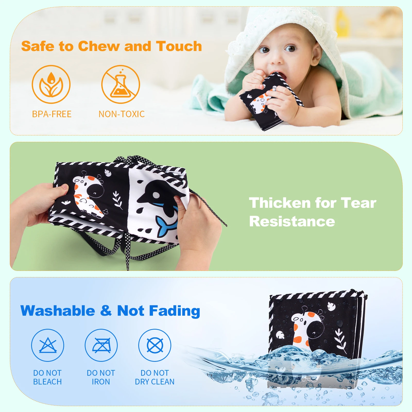 Baby Cloth Book High Contrast Baby Toys 0M+ Newborn Crib Toys Black and White Animal Sensory Cloth Books Montessori Toys