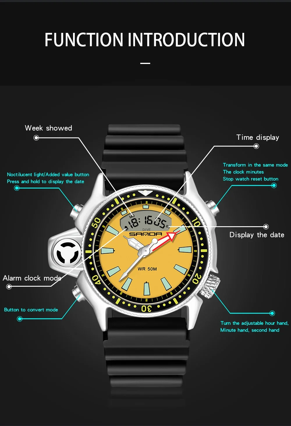 SANDA Casual Style Watches Men Quartz Wristwatch Waterproof Shock Man Watch Relogio Mascuo 3008 Fashion New Sport Men's Watch