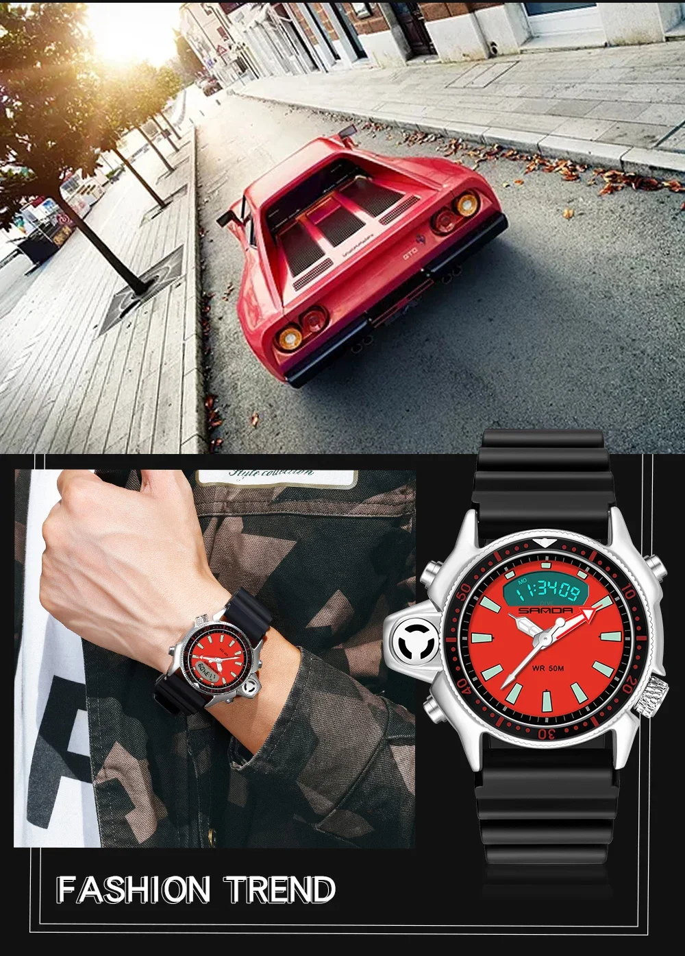 SANDA Casual Style Watches Men Quartz Wristwatch Waterproof Shock Man Watch Relogio Mascuo 3008 Fashion New Sport Men's Watch
