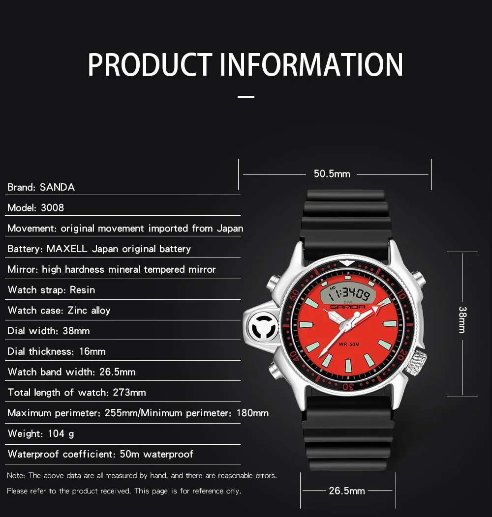 SANDA Casual Style Watches Men Quartz Wristwatch Waterproof Shock Man Watch Relogio Mascuo 3008 Fashion New Sport Men's Watch