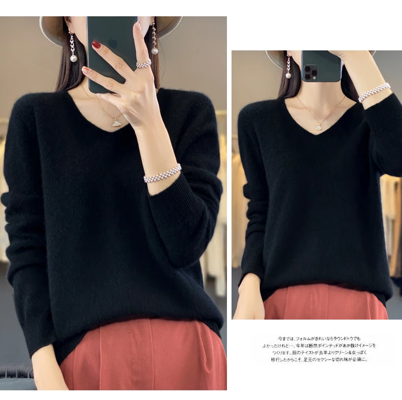 2024 100% Merino Pure Wool V-neck Autumn And Winter Pullover Sweater New Cashmere Sweater Women's Casual Knitted Top DMR201