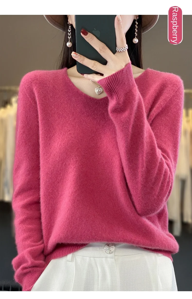 2024 100% Merino Pure Wool V-neck Autumn And Winter Pullover Sweater New Cashmere Sweater Women's Casual Knitted Top DMR201