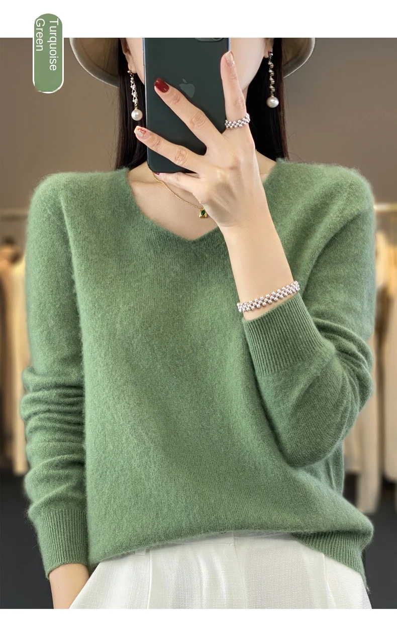 2024 100% Merino Pure Wool V-neck Autumn And Winter Pullover Sweater New Cashmere Sweater Women's Casual Knitted Top DMR201