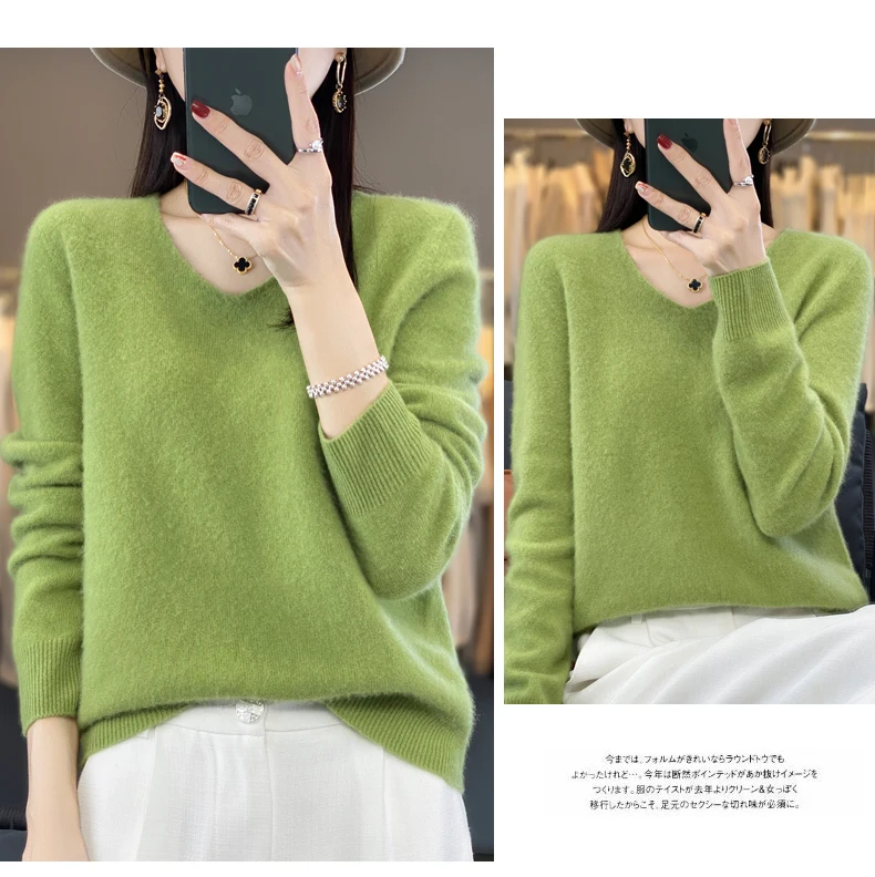 2024 100% Merino Pure Wool V-neck Autumn And Winter Pullover Sweater New Cashmere Sweater Women's Casual Knitted Top DMR201