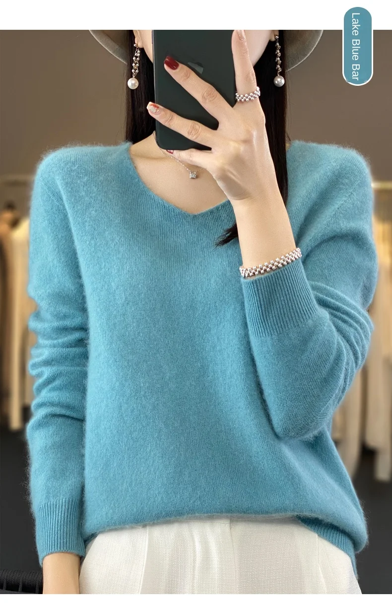 2024 100% Merino Pure Wool V-neck Autumn And Winter Pullover Sweater New Cashmere Sweater Women's Casual Knitted Top DMR201