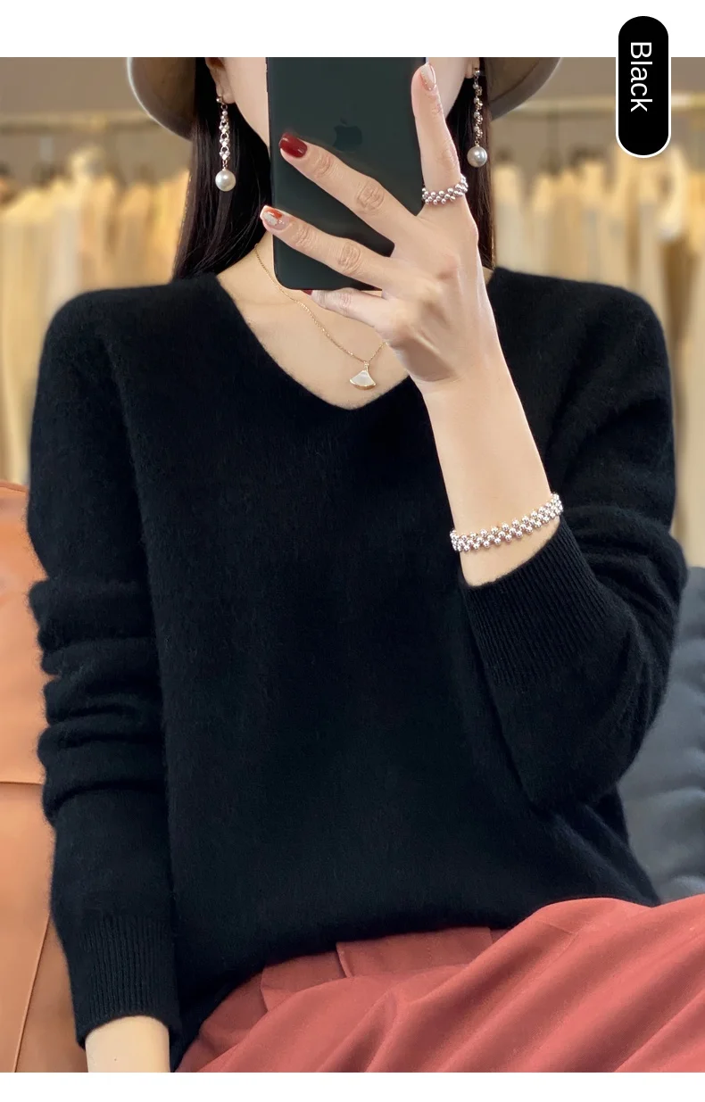 2024 100% Merino Pure Wool V-neck Autumn And Winter Pullover Sweater New Cashmere Sweater Women's Casual Knitted Top DMR201