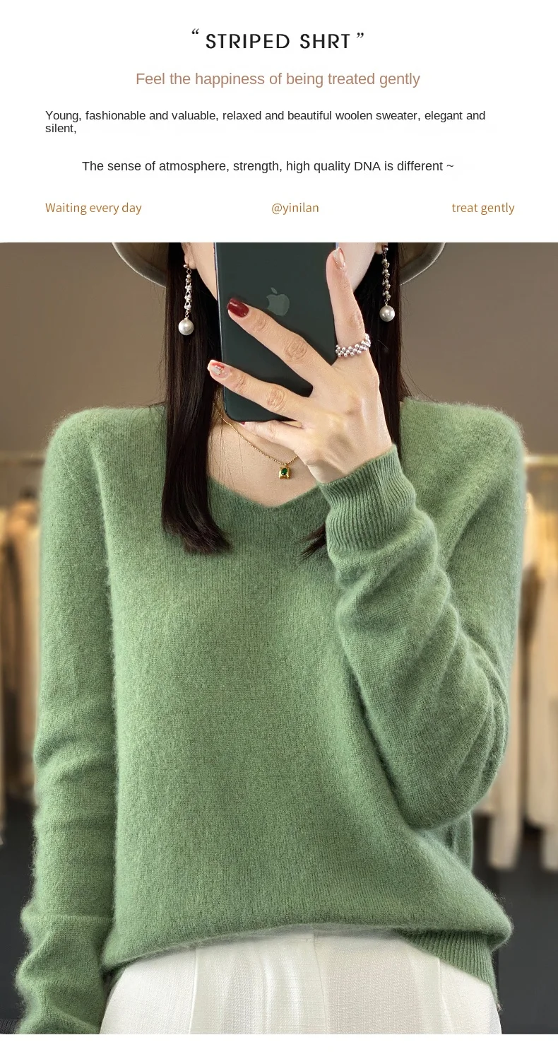 2024 100% Merino Pure Wool V-neck Autumn And Winter Pullover Sweater New Cashmere Sweater Women's Casual Knitted Top DMR201