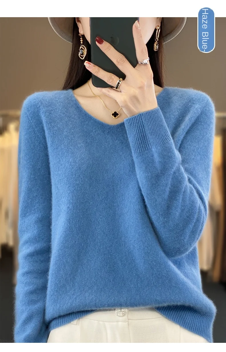 2024 100% Merino Pure Wool V-neck Autumn And Winter Pullover Sweater New Cashmere Sweater Women's Casual Knitted Top DMR201