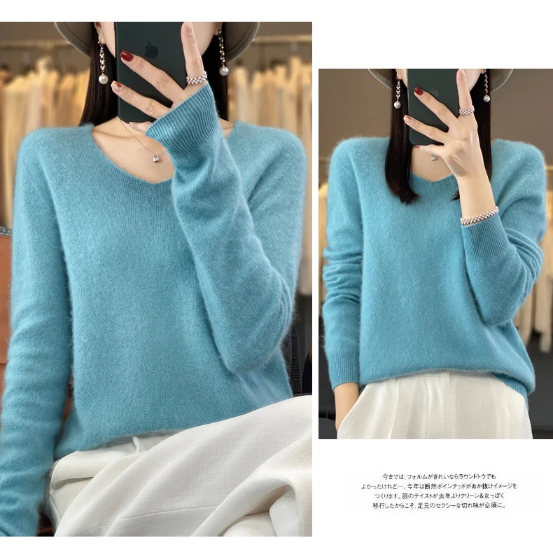 2024 100% Merino Pure Wool V-neck Autumn And Winter Pullover Sweater New Cashmere Sweater Women's Casual Knitted Top DMR201