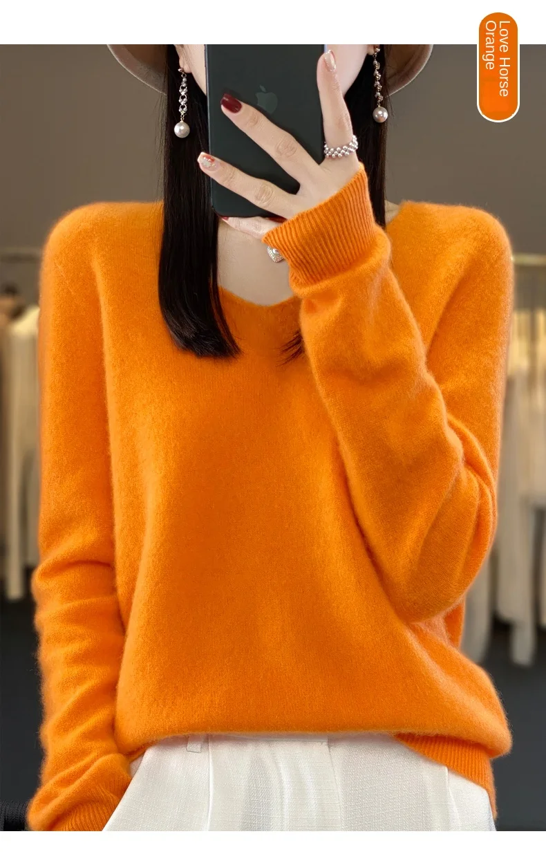 2024 100% Merino Pure Wool V-neck Autumn And Winter Pullover Sweater New Cashmere Sweater Women's Casual Knitted Top DMR201