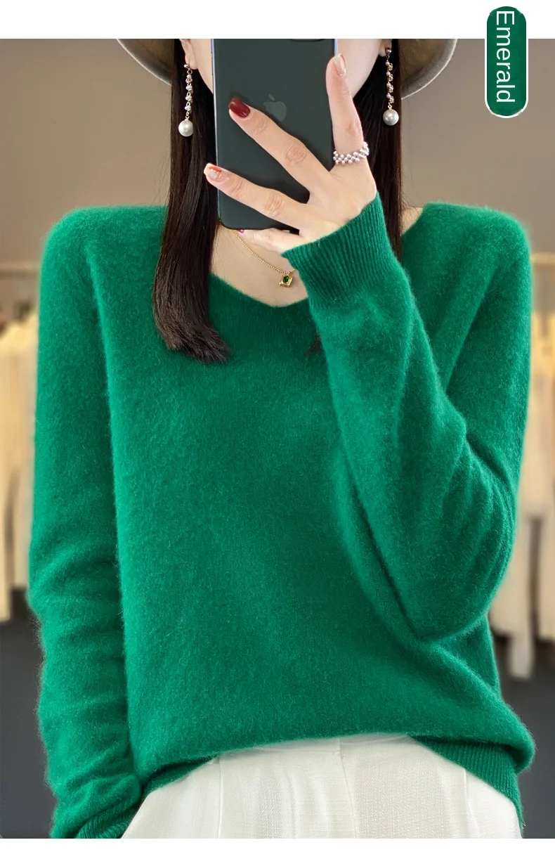 2024 100% Merino Pure Wool V-neck Autumn And Winter Pullover Sweater New Cashmere Sweater Women's Casual Knitted Top DMR201