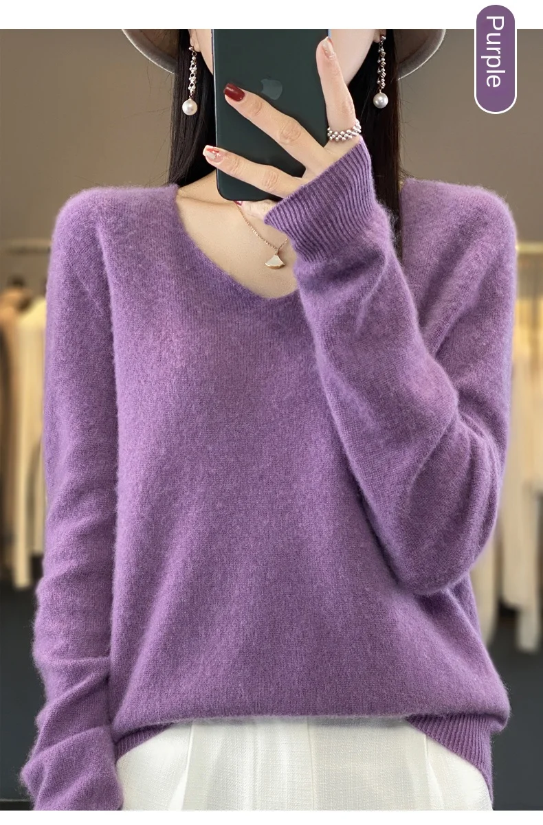 2024 100% Merino Pure Wool V-neck Autumn And Winter Pullover Sweater New Cashmere Sweater Women's Casual Knitted Top DMR201