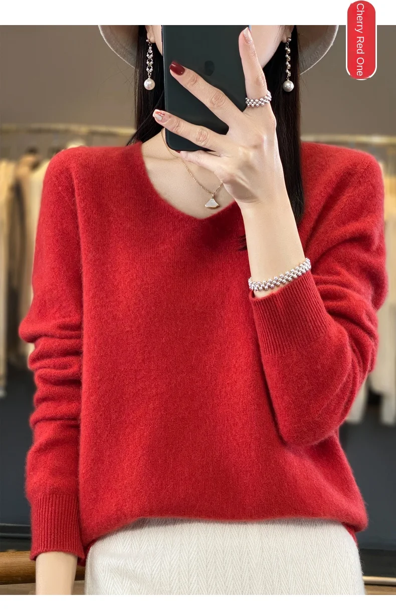 2024 100% Merino Pure Wool V-neck Autumn And Winter Pullover Sweater New Cashmere Sweater Women's Casual Knitted Top DMR201