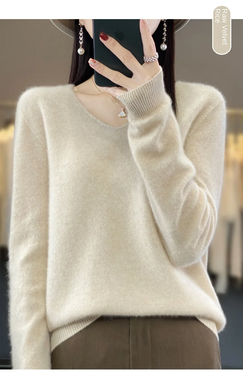 2024 100% Merino Pure Wool V-neck Autumn And Winter Pullover Sweater New Cashmere Sweater Women's Casual Knitted Top DMR201