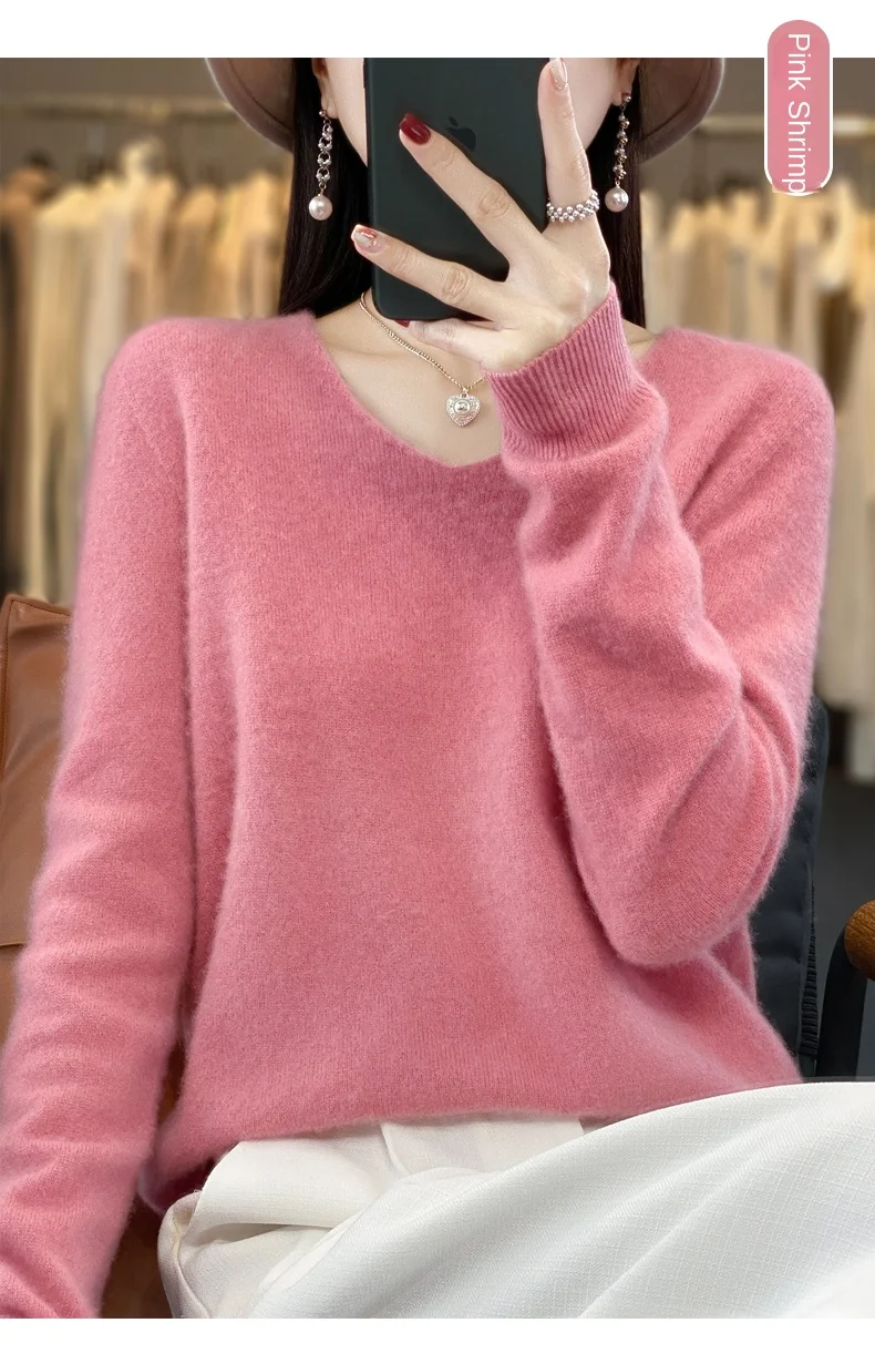 2024 100% Merino Pure Wool V-neck Autumn And Winter Pullover Sweater New Cashmere Sweater Women's Casual Knitted Top DMR201
