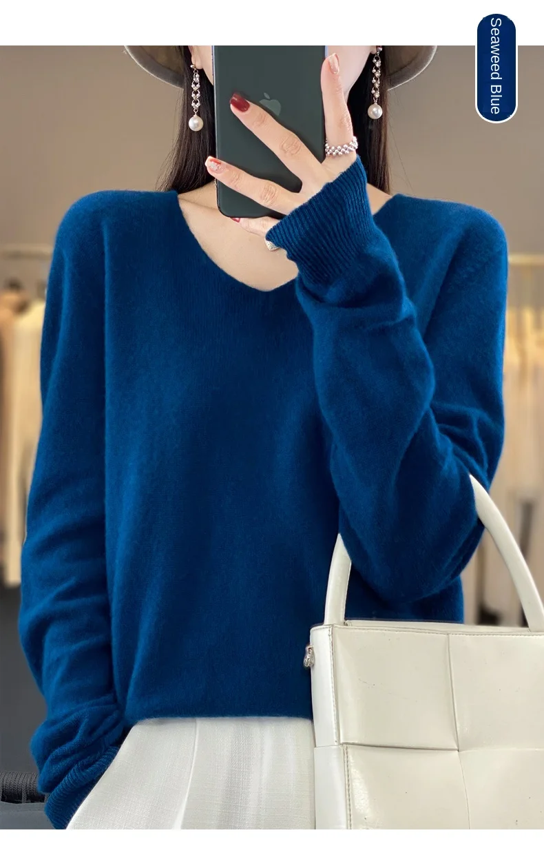 2024 100% Merino Pure Wool V-neck Autumn And Winter Pullover Sweater New Cashmere Sweater Women's Casual Knitted Top DMR201