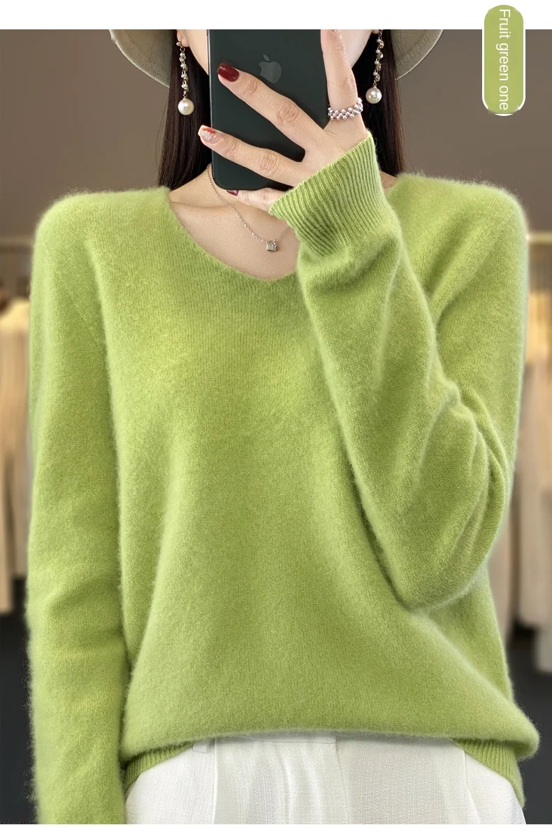 2024 100% Merino Pure Wool V-neck Autumn And Winter Pullover Sweater New Cashmere Sweater Women's Casual Knitted Top DMR201