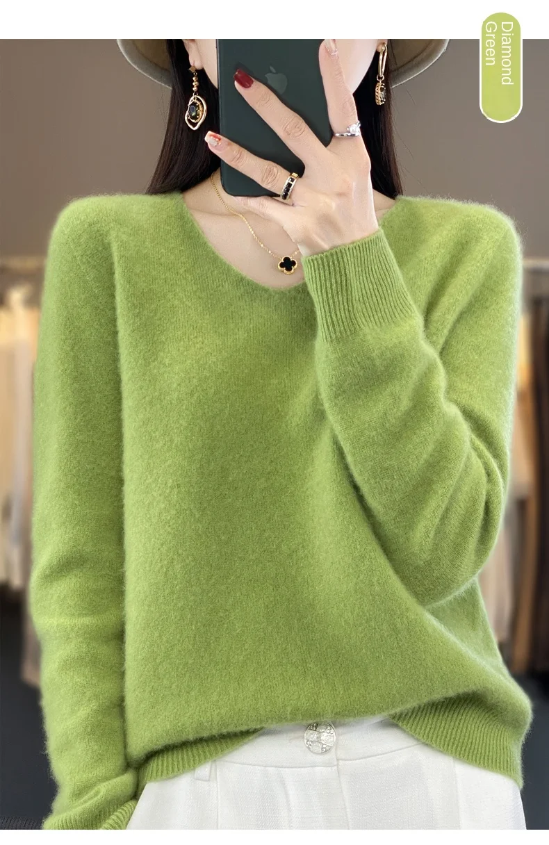 2024 100% Merino Pure Wool V-neck Autumn And Winter Pullover Sweater New Cashmere Sweater Women's Casual Knitted Top DMR201