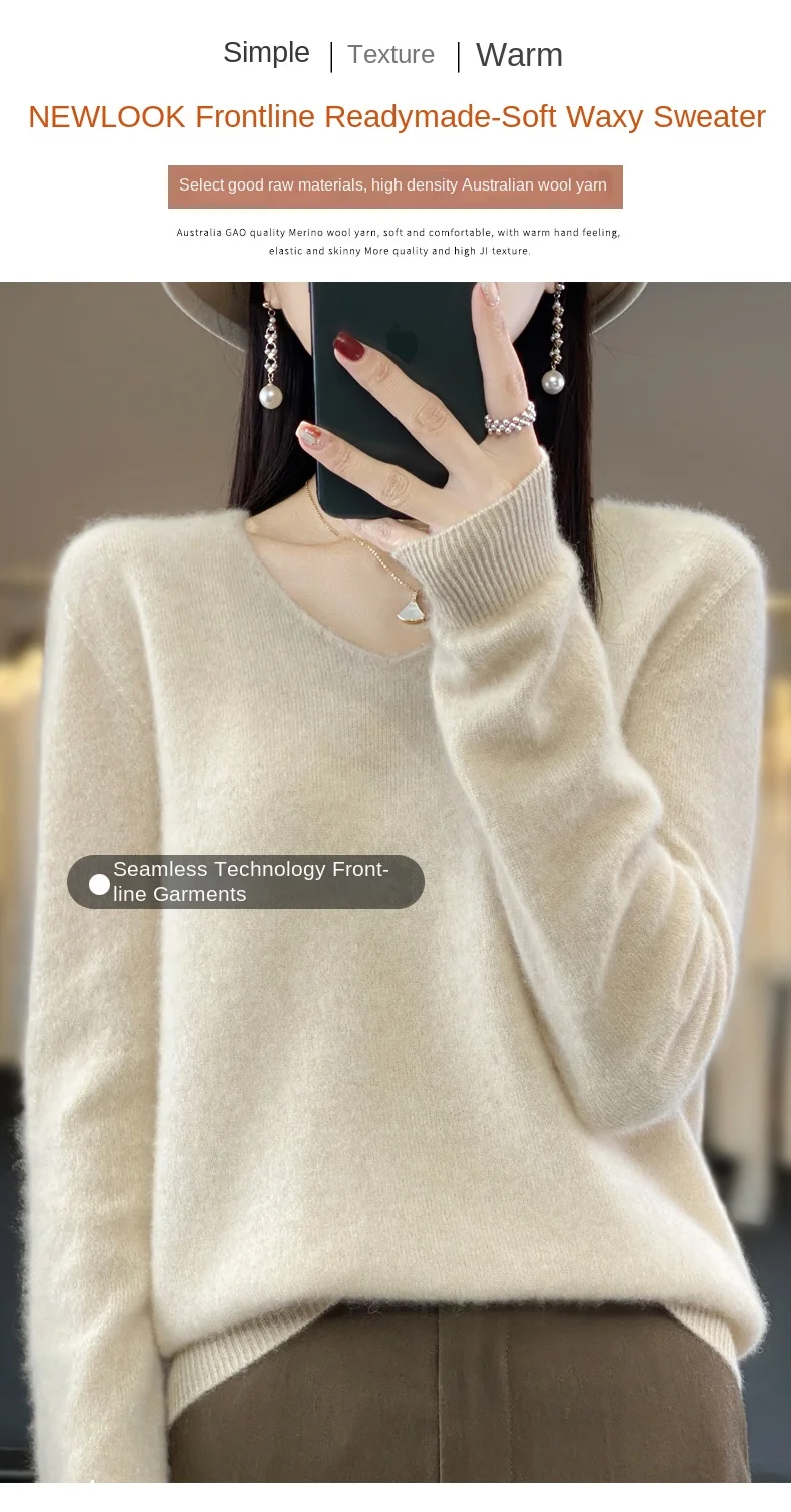 2024 100% Merino Pure Wool V-neck Autumn And Winter Pullover Sweater New Cashmere Sweater Women's Casual Knitted Top DMR201