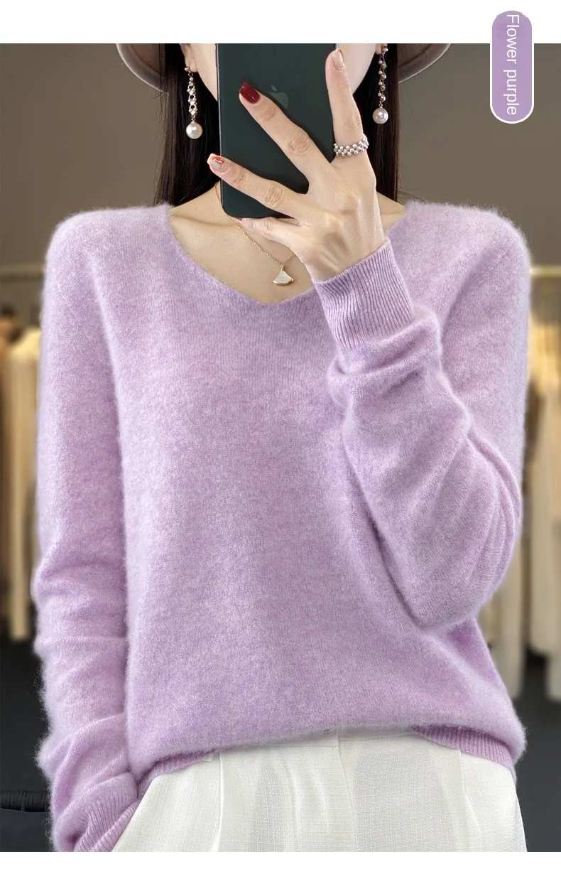 2024 100% Merino Pure Wool V-neck Autumn And Winter Pullover Sweater New Cashmere Sweater Women's Casual Knitted Top DMR201