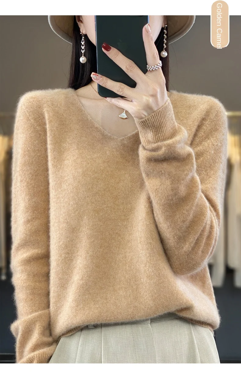 2024 100% Merino Pure Wool V-neck Autumn And Winter Pullover Sweater New Cashmere Sweater Women's Casual Knitted Top DMR201