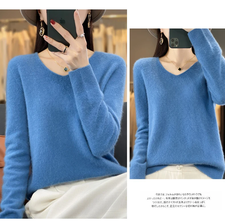 2024 100% Merino Pure Wool V-neck Autumn And Winter Pullover Sweater New Cashmere Sweater Women's Casual Knitted Top DMR201