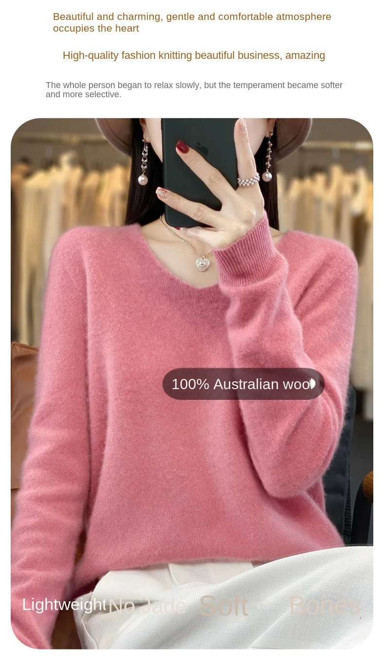 2024 100% Merino Pure Wool V-neck Autumn And Winter Pullover Sweater New Cashmere Sweater Women's Casual Knitted Top DMR201