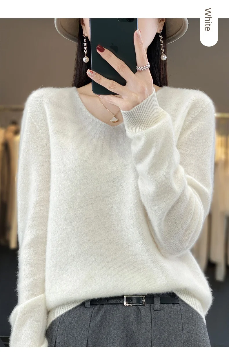 2024 100% Merino Pure Wool V-neck Autumn And Winter Pullover Sweater New Cashmere Sweater Women's Casual Knitted Top DMR201