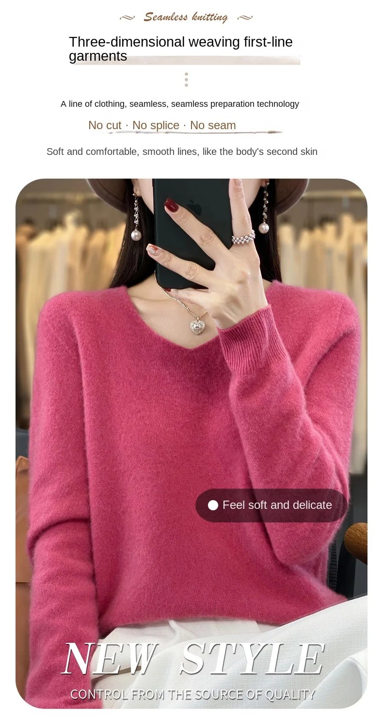 2024 100% Merino Pure Wool V-neck Autumn And Winter Pullover Sweater New Cashmere Sweater Women's Casual Knitted Top DMR201