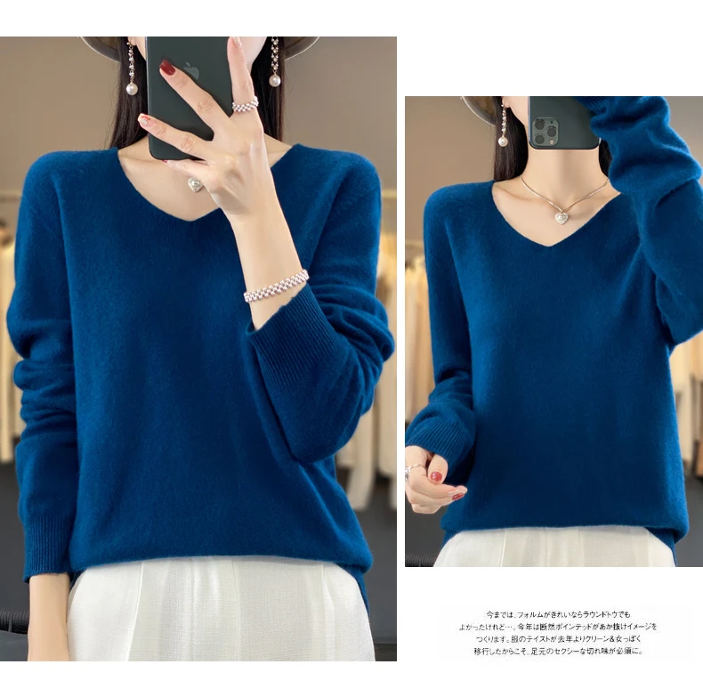 2024 100% Merino Pure Wool V-neck Autumn And Winter Pullover Sweater New Cashmere Sweater Women's Casual Knitted Top DMR201