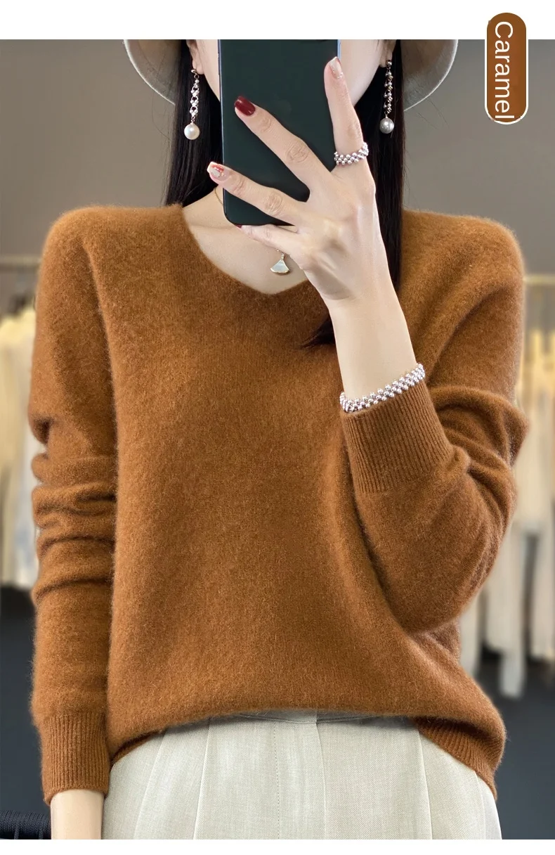 2024 100% Merino Pure Wool V-neck Autumn And Winter Pullover Sweater New Cashmere Sweater Women's Casual Knitted Top DMR201