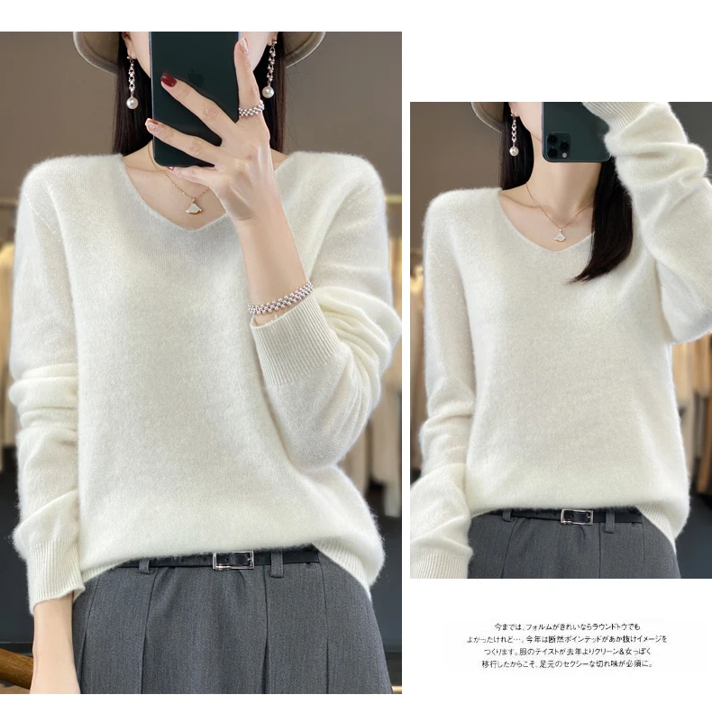 2024 100% Merino Pure Wool V-neck Autumn And Winter Pullover Sweater New Cashmere Sweater Women's Casual Knitted Top DMR201