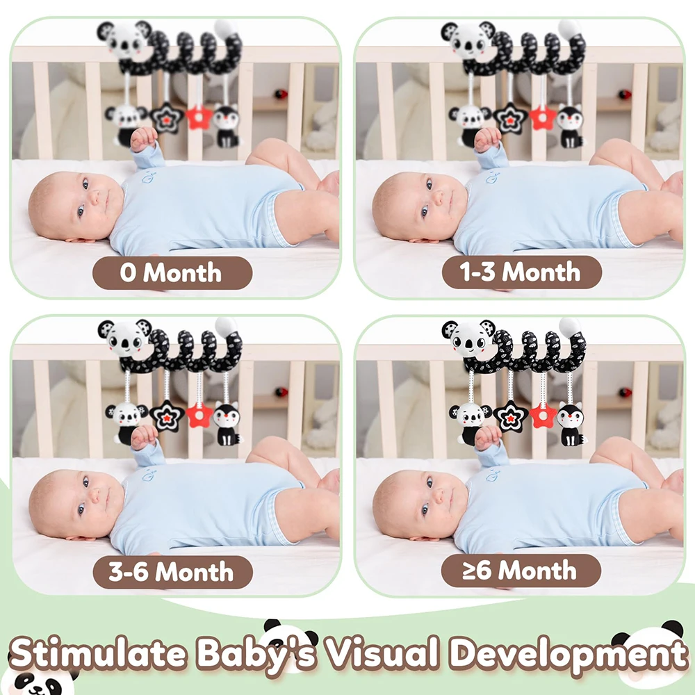 Newborns Spiral Hanging Activity Stroller Toy Baby Carseat Toy Black & White Lion Koala Rattle for Crib Mobile Sensory Toy Gift