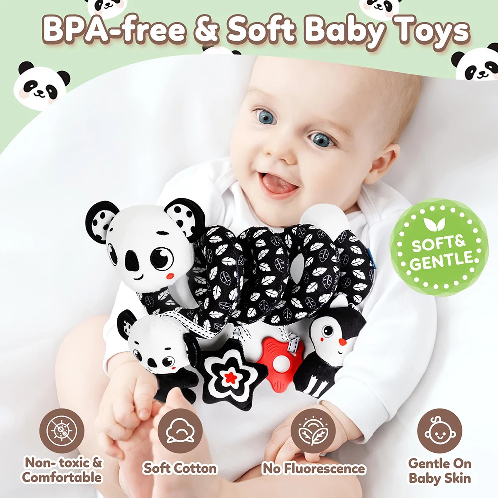 Newborns Spiral Hanging Activity Stroller Toy Baby Carseat Toy Black & White Lion Koala Rattle for Crib Mobile Sensory Toy Gift