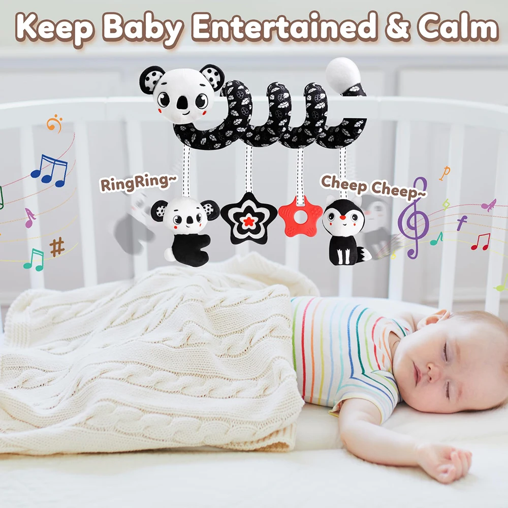 Newborns Spiral Hanging Activity Stroller Toy Baby Carseat Toy Black & White Lion Koala Rattle for Crib Mobile Sensory Toy Gift