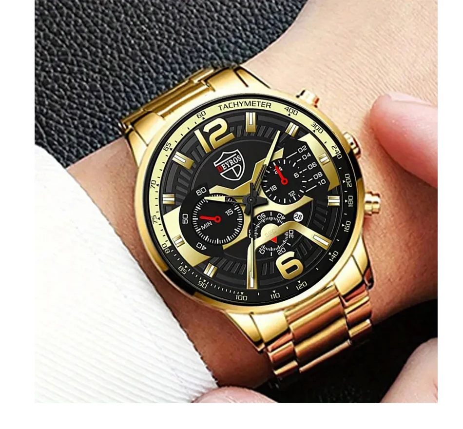 3PCS/5PCS Set DEYROS Fashion Mens Calendar Watches Men Business Quartz Wristwatch Male Casual Necklace Bracelet Watch.