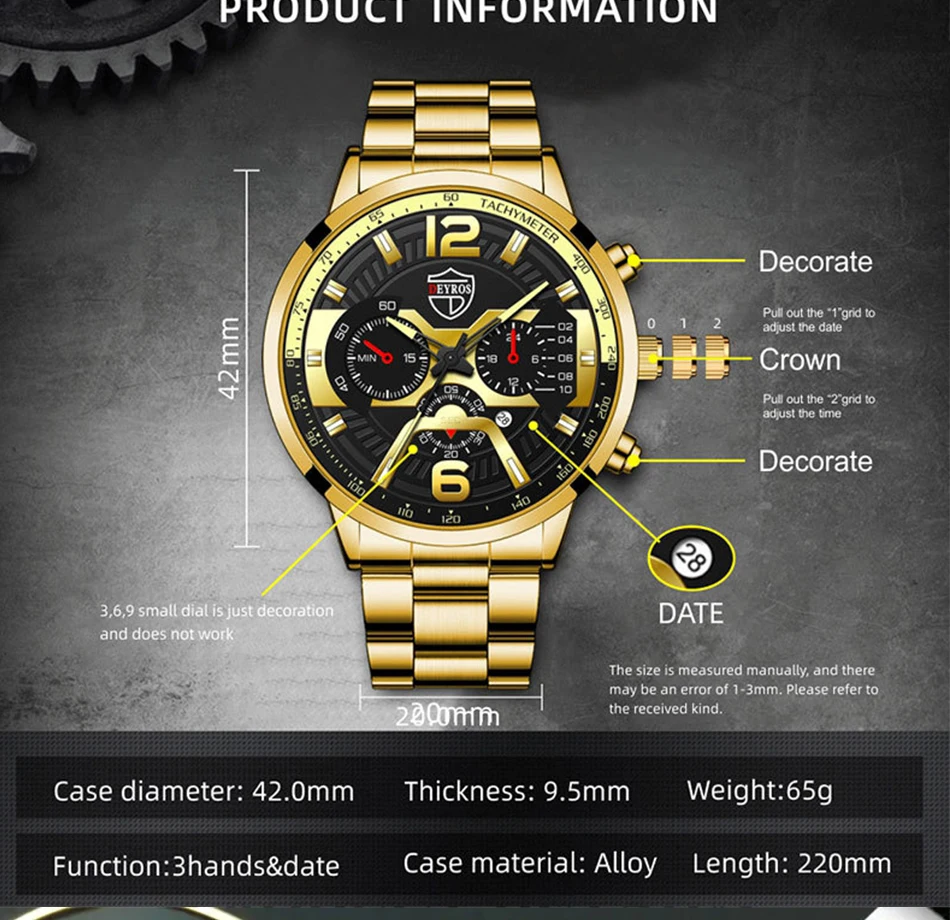 3PCS/5PCS Set DEYROS Fashion Mens Calendar Watches Men Business Quartz Wristwatch Male Casual Necklace Bracelet Watch.