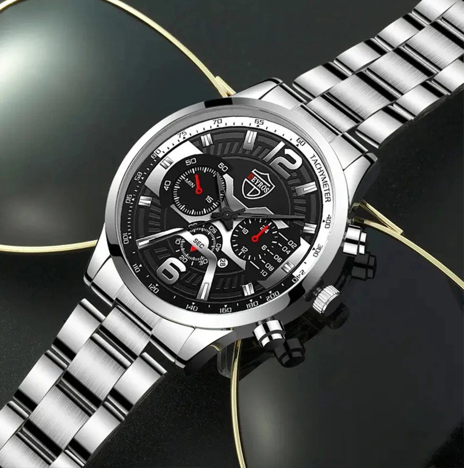 3PCS/5PCS Set DEYROS Fashion Mens Calendar Watches Men Business Quartz Wristwatch Male Casual Necklace Bracelet Watch.