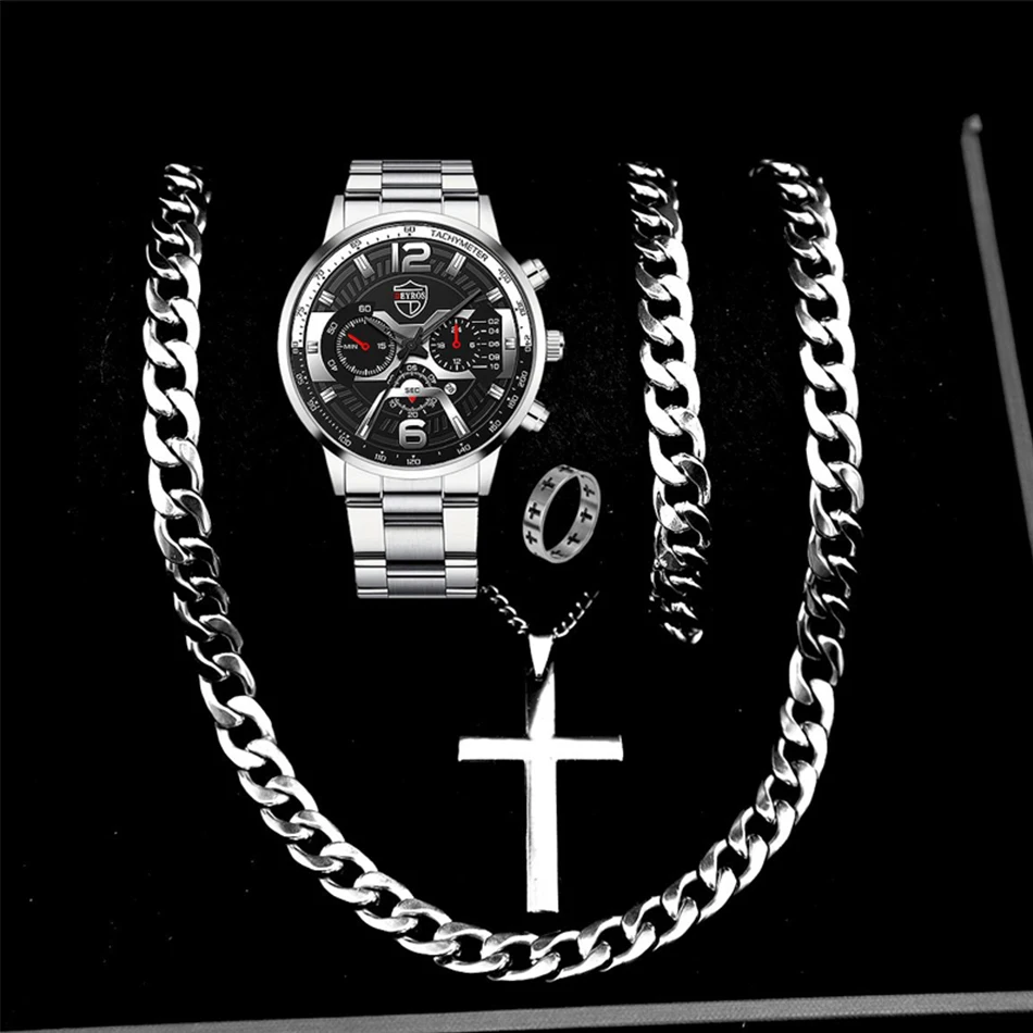 3PCS/5PCS Set DEYROS Fashion Mens Calendar Watches Men Business Quartz Wristwatch Male Casual Necklace Bracelet Watch.