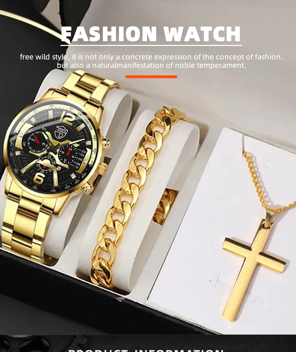 3PCS/5PCS Set DEYROS Fashion Mens Calendar Watches Men Business Quartz Wristwatch Male Casual Necklace Bracelet Watch.