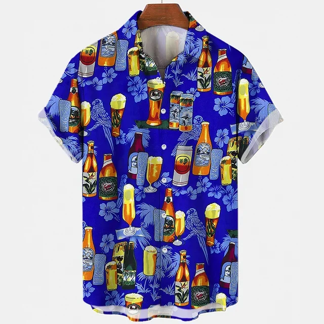Beer Festival Harajuku Shirts For Men 3D Print Short Sleeve Tees Summer Hawaiian Beach Style Single-Breasted Tops Lapel