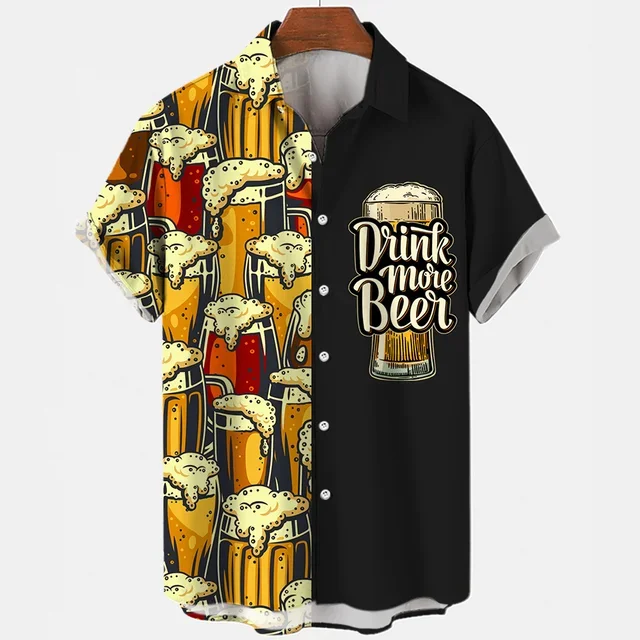Beer Festival Harajuku Shirts For Men 3D Print Short Sleeve Tees Summer Hawaiian Beach Style Single-Breasted Tops Lapel