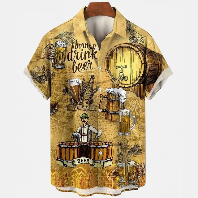 Beer Festival Harajuku Shirts For Men 3D Print Short Sleeve Tees Summer Hawaiian Beach Style Single-Breasted Tops Lapel