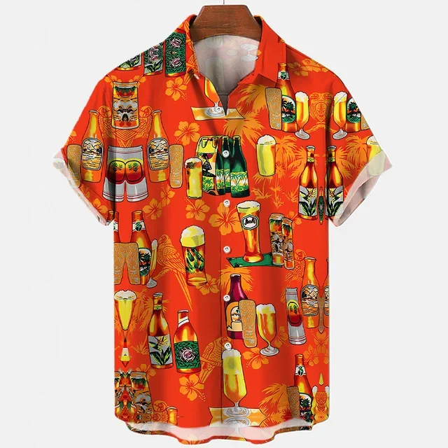Beer Festival Harajuku Shirts For Men 3D Print Short Sleeve Tees Summer Hawaiian Beach Style Single-Breasted Tops Lapel