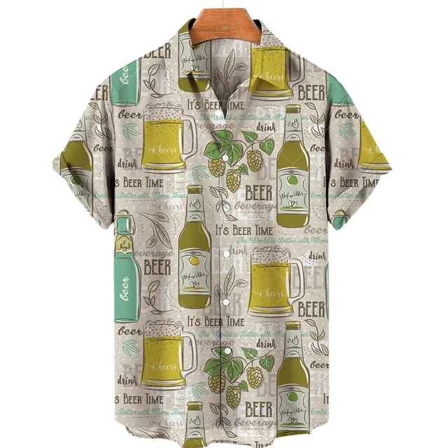 Beer Festival Harajuku Shirts For Men 3D Print Short Sleeve Tees Summer Hawaiian Beach Style Single-Breasted Tops Lapel