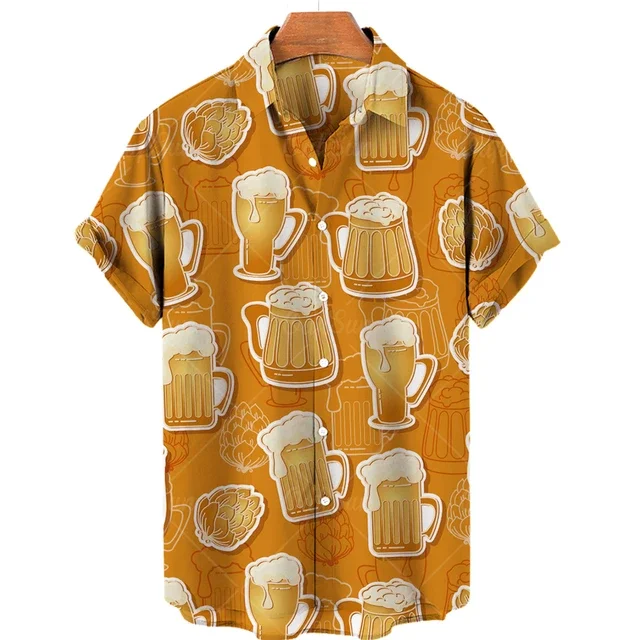 Beer Festival Harajuku Shirts For Men 3D Print Short Sleeve Tees Summer Hawaiian Beach Style Single-Breasted Tops Lapel