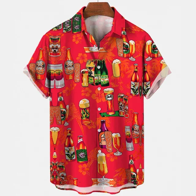 Beer Festival Harajuku Shirts For Men 3D Print Short Sleeve Tees Summer Hawaiian Beach Style Single-Breasted Tops Lapel
