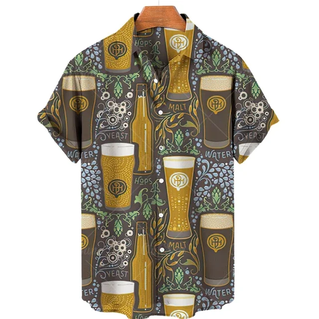 Beer Festival Harajuku Shirts For Men 3D Print Short Sleeve Tees Summer Hawaiian Beach Style Single-Breasted Tops Lapel