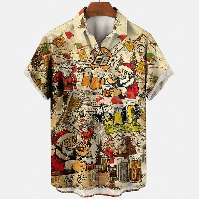 Beer Festival Harajuku Shirts For Men 3D Print Short Sleeve Tees Summer Hawaiian Beach Style Single-Breasted Tops Lapel